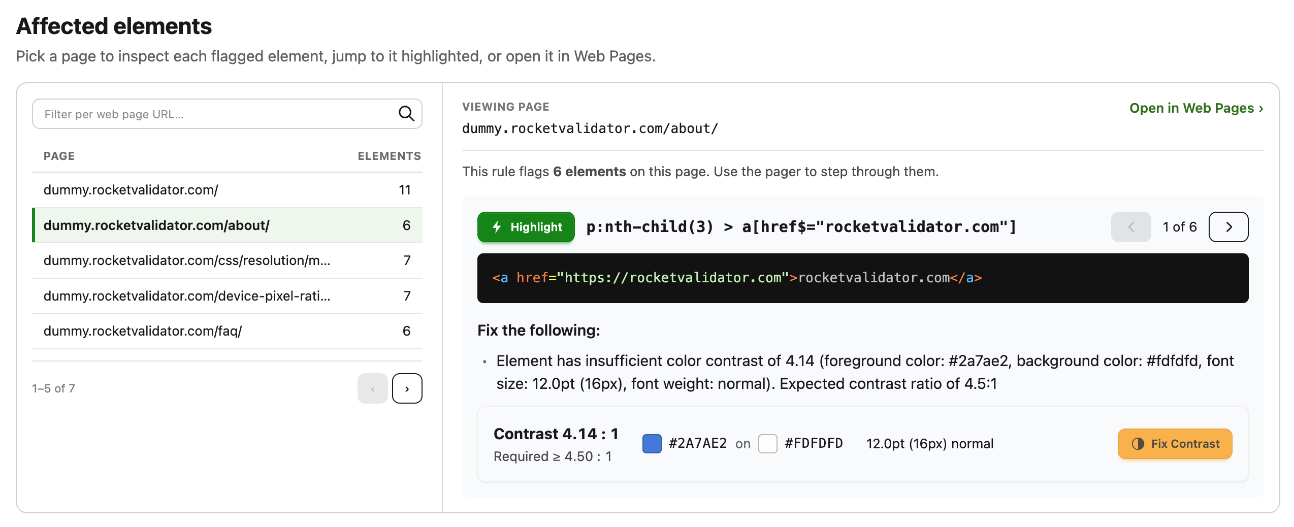 Affected elements viewer