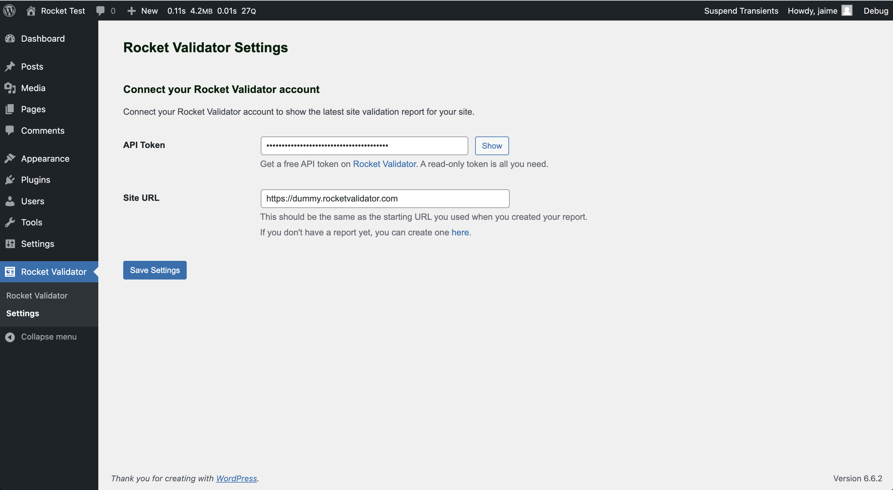 Screenshot of the WordPress plugin settings